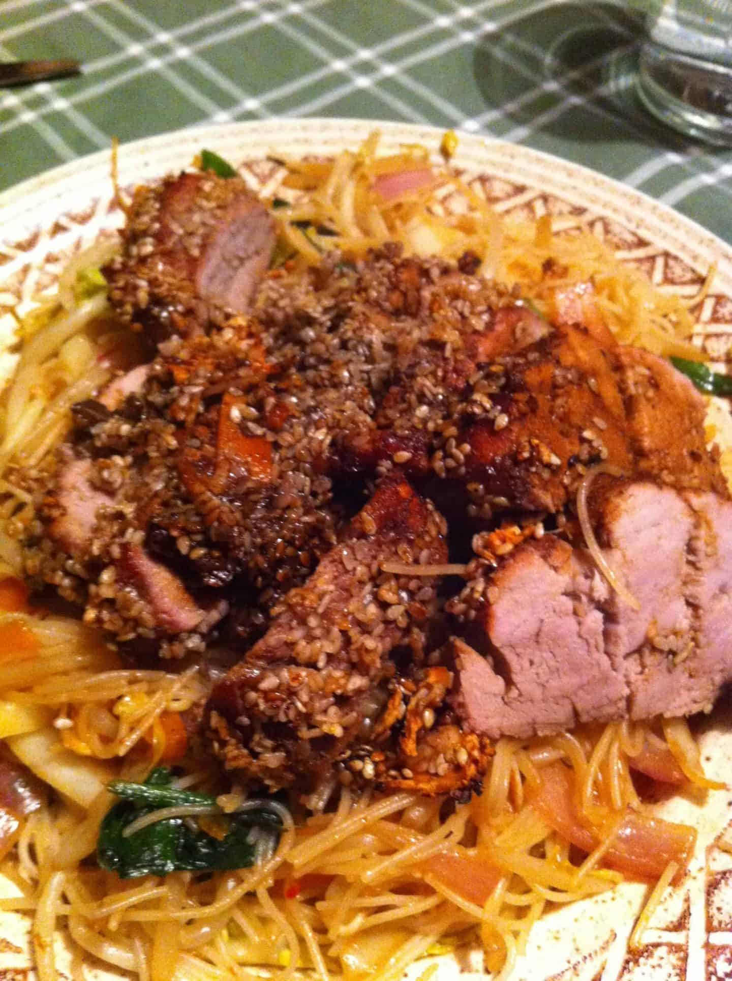 Gluten free Chinese style roast pork with rice noodles