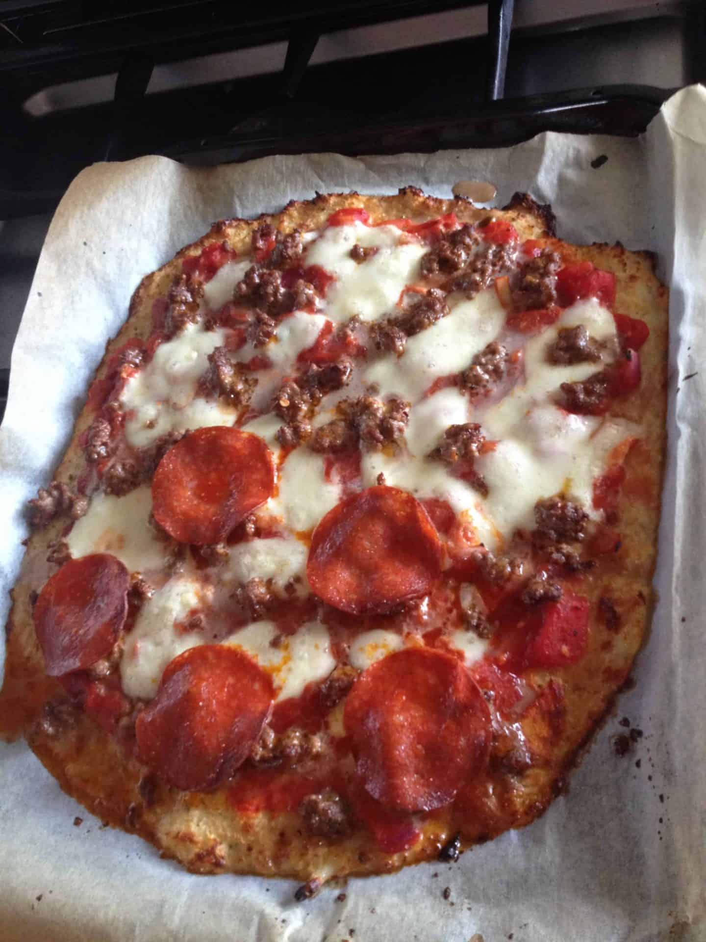 Cauliflower pizza base: gluten free, grain free, low carb