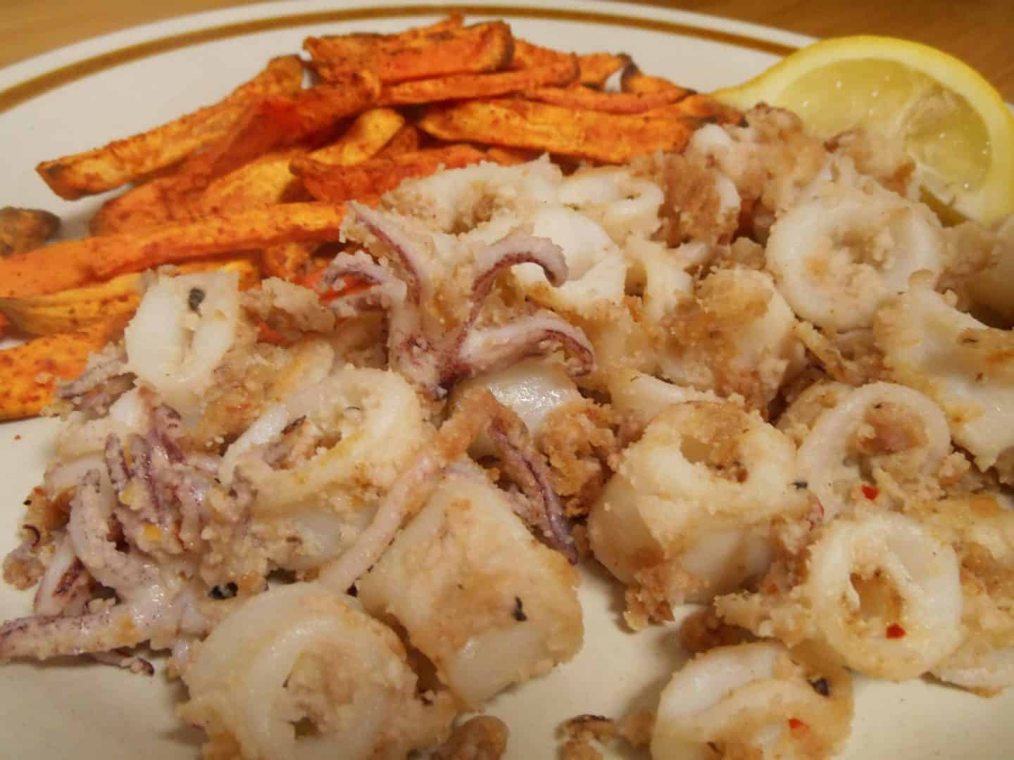 Gluten free almond dusted calamari with sweet potato fries