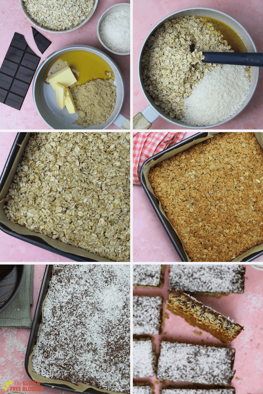 gluten free coconut flapjack with chocolate topping step-by-step photos
