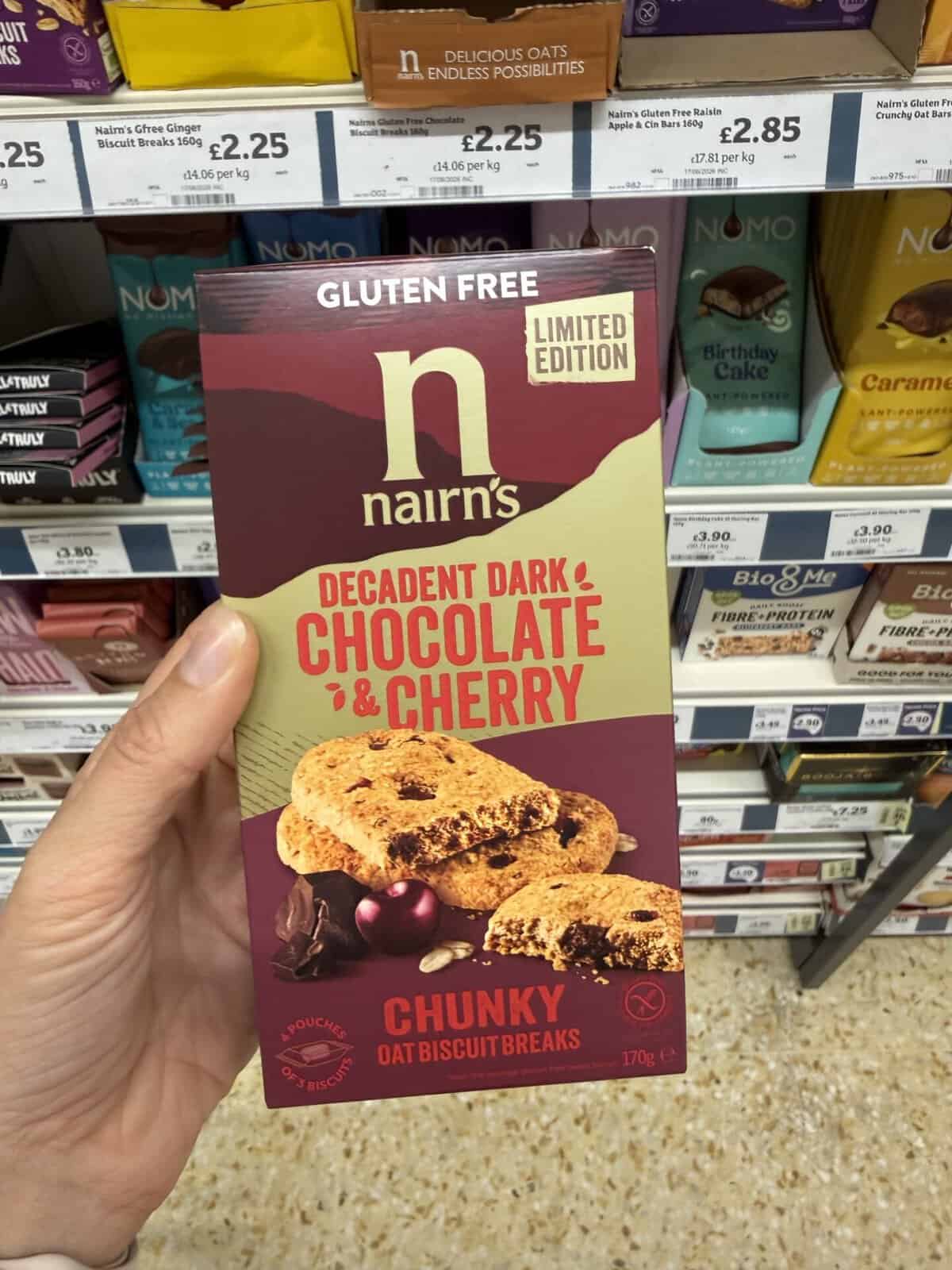 Nairn's Dark Chocolate and Cherry Biscuits.