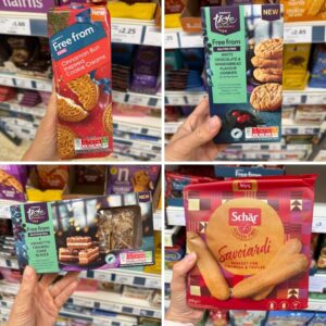 Montage of gluten free Christmas products including cakes and cookies.