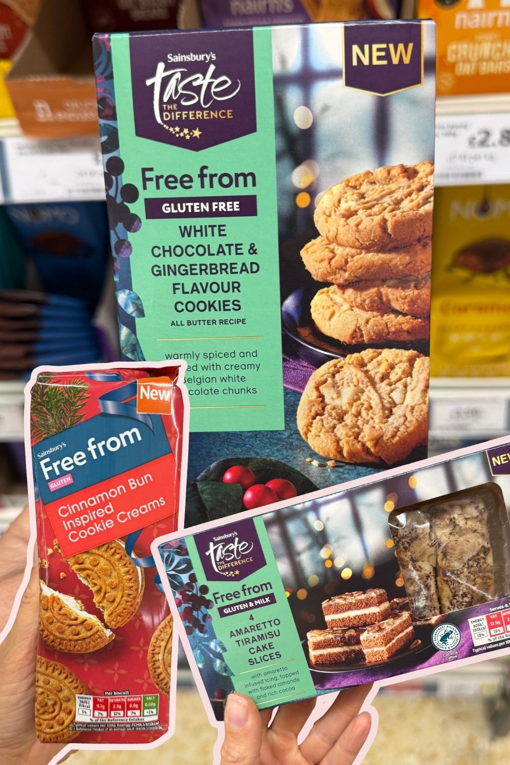 Montage of gluten free Christmas products including cakes and cookies.