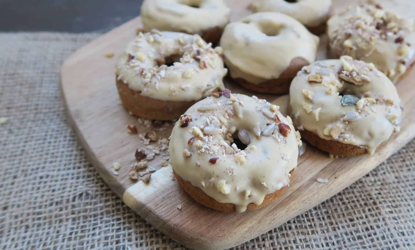 Gluten free dairy free egg free vegan banana bread doughnuts recipe with caramac topping