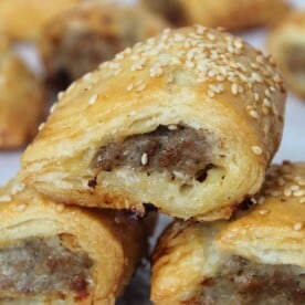A pile of gluten free sausage rolls.