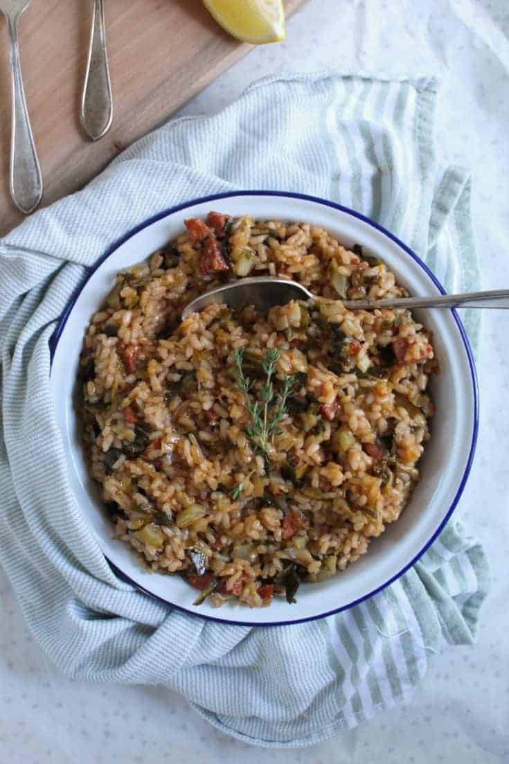 GLUTEN FREE CHORIZO LEEK AND SPRING GREENS RISOTTO RECIPE