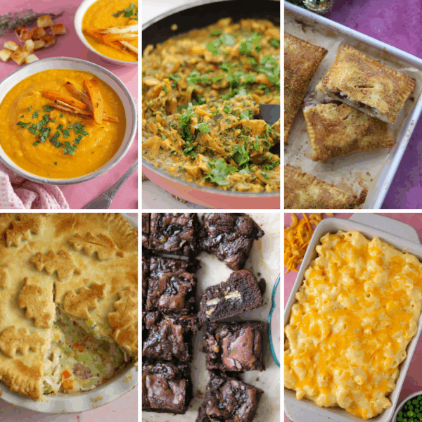 A collage of dishes made using Christmas leftovers including curry, pie, soup, brownies and mac and cheese.