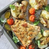gluten free herb crusted salmon with smashed potatoes tray bake dinner