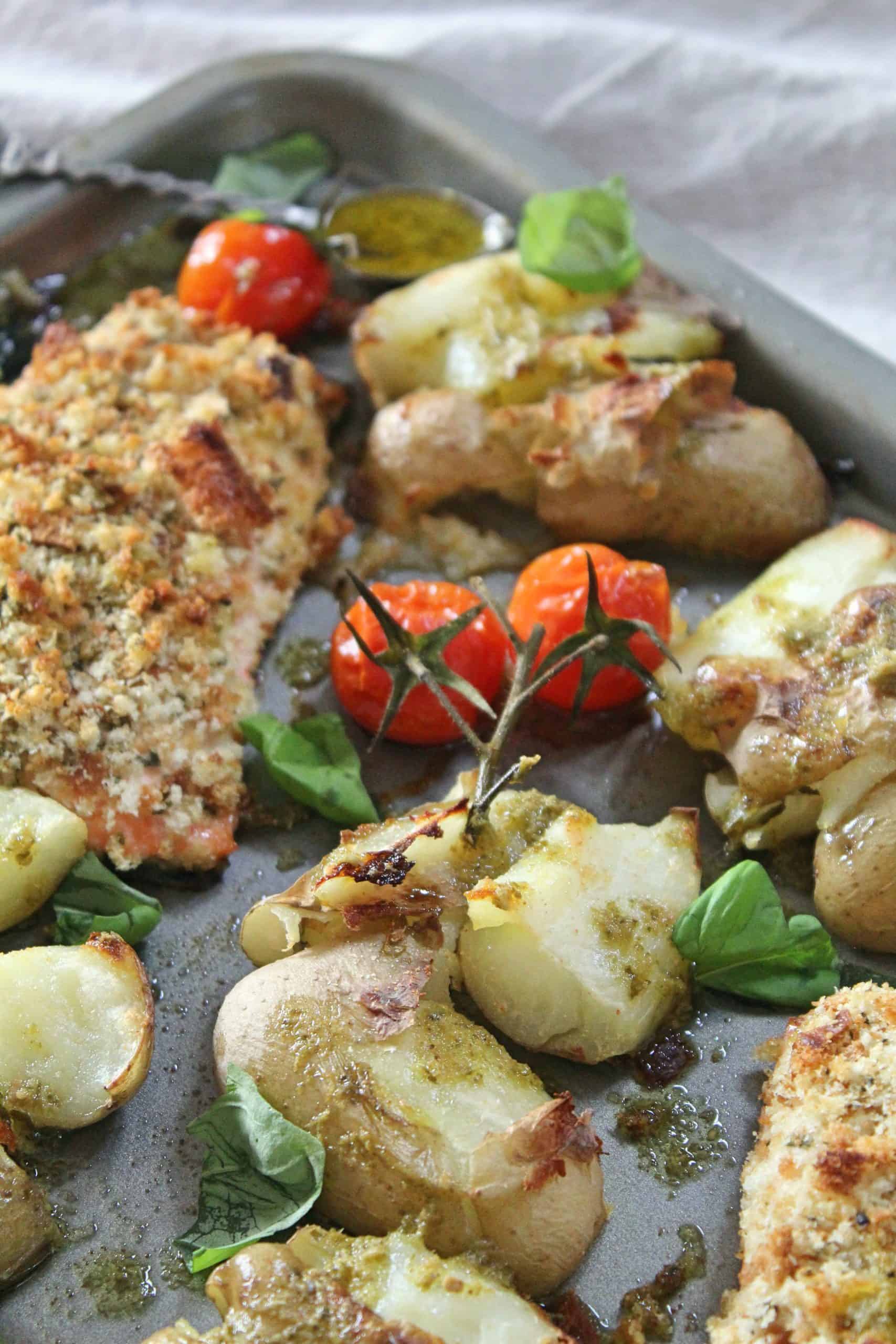 gluten free herb crusted salmon with smashed potatoes tray bake dinner