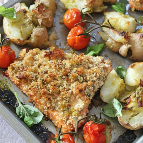 gluten free herb crusted salmon with smashed potatoes tray bake dinner