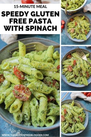 gluten free pasta recipe with no cook spinach sauce - easy 15 minute meal speedy dinner idea