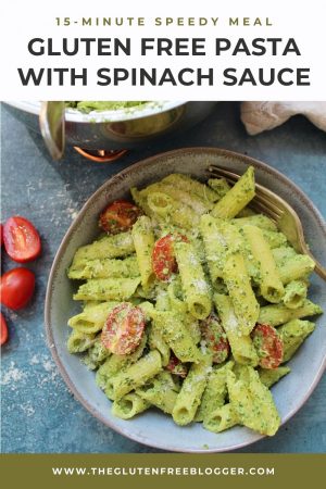 gluten free pasta recipe with no cook spinach sauce - easy 15 minute meal speedy dinner idea