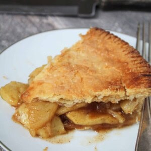 A slice of gluten free apple pie on a plate.