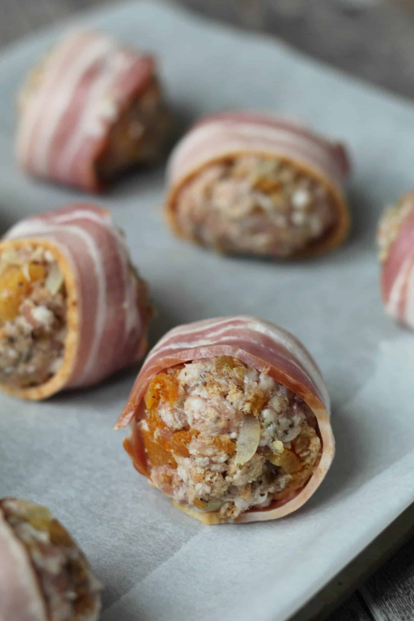 GLUTEN FREE STUFFING BALLS WRAPPED IN BACON 