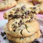 A plate of gluten free NYC cookies with chocolate chips.