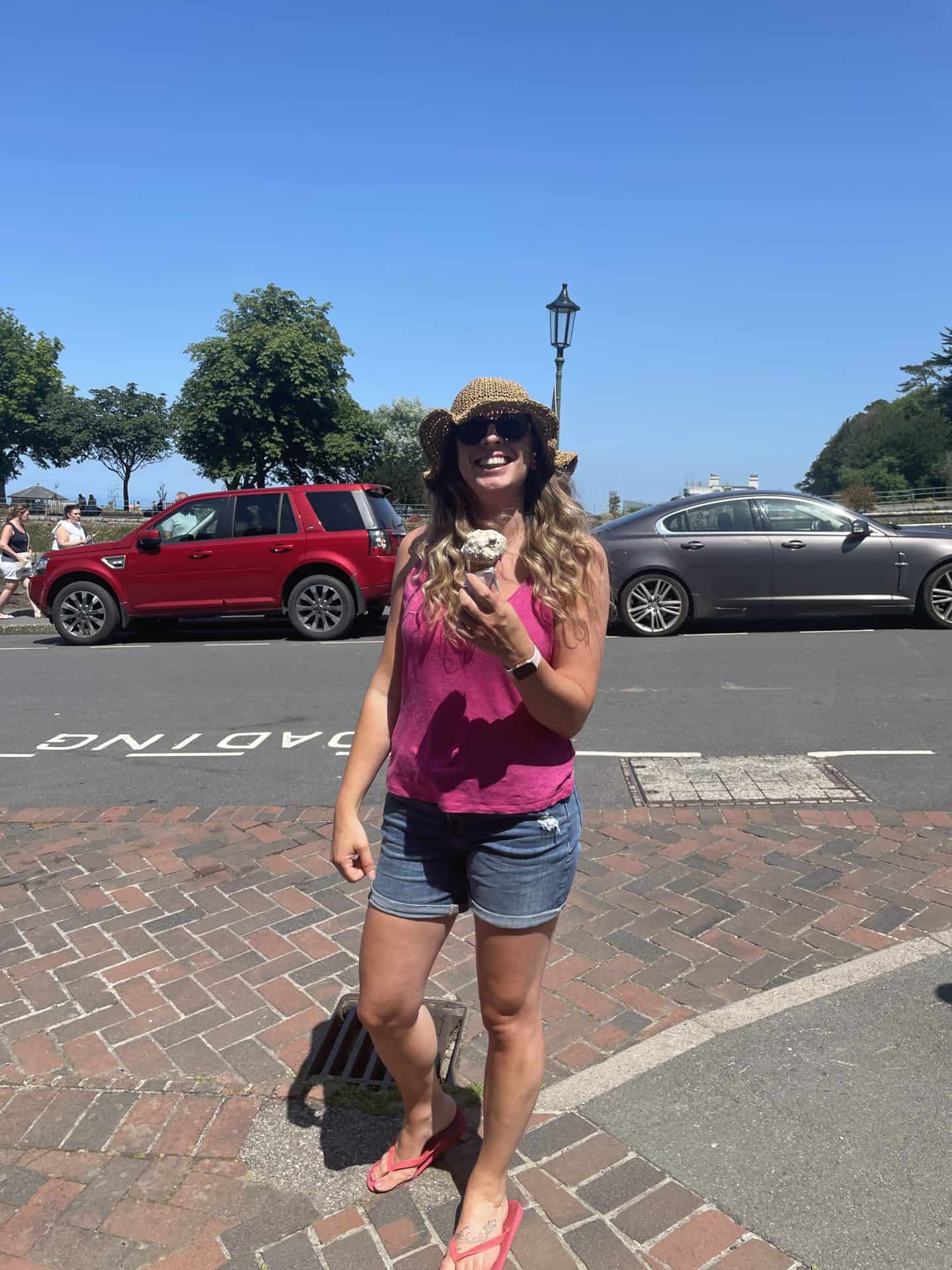 Author Sarah Howells with a gluten free ice-cream in a cone in Lynmouth.