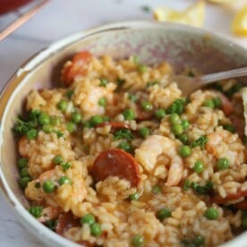 A bowl of prawn and chorizo risotto.