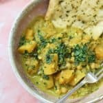 Close up of a bowl of butternut squash and chickpea curry.