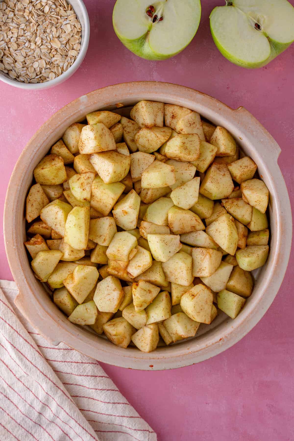 Peel and chop the apples and mix them with the brown sugar and cinnamon.