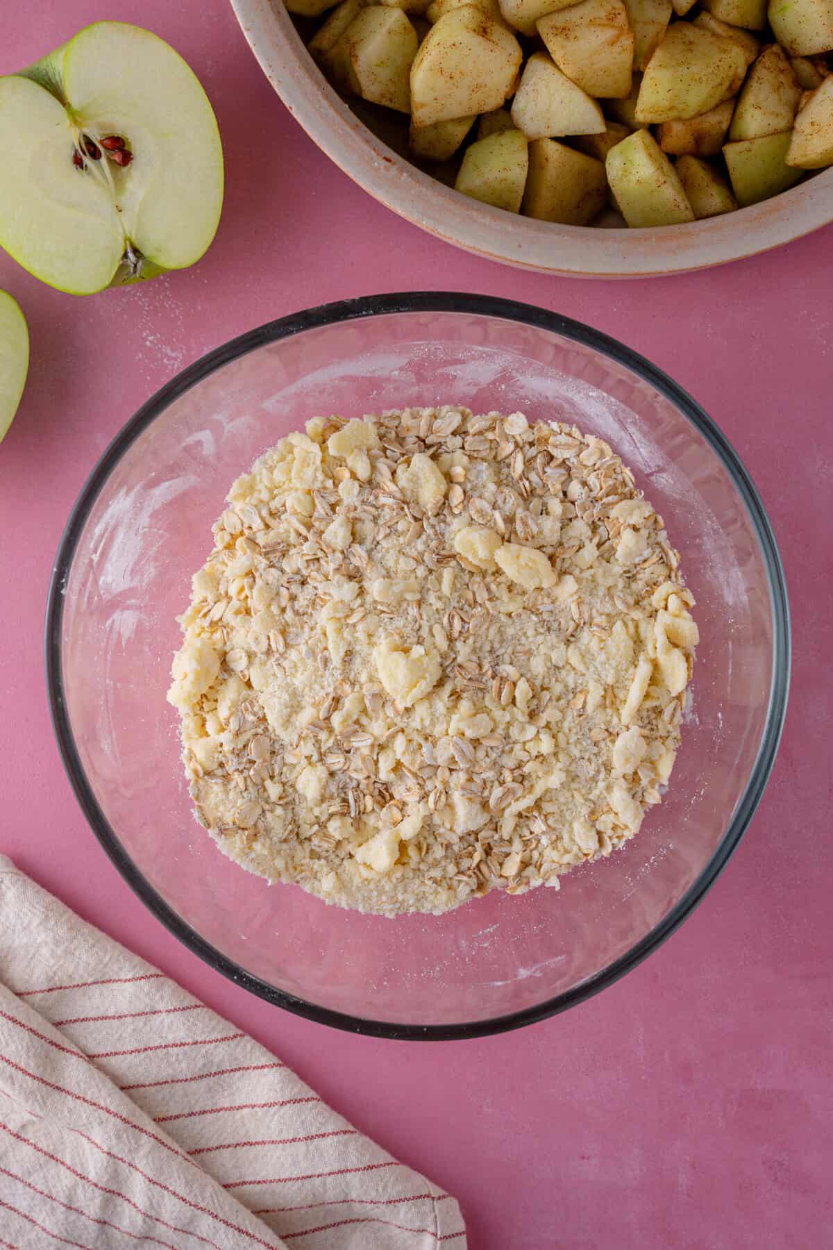 Make the crumble mixture using the flour, butter and sugar (and oats if using).