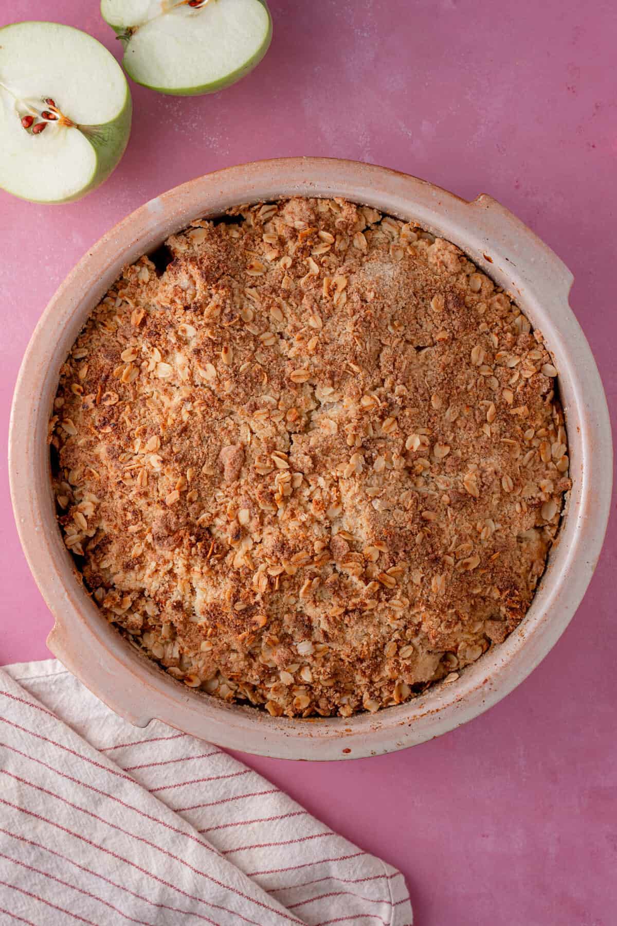 Bake the crumble until the top is golden and the fruit is bubbling.