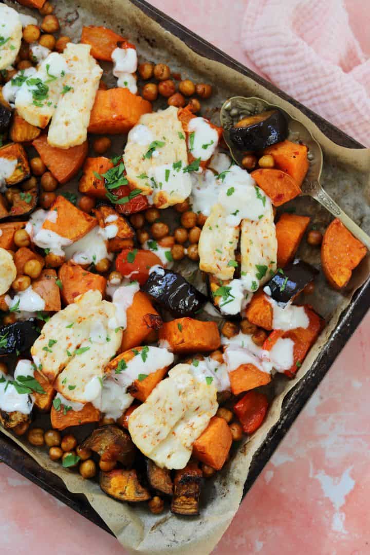 Halloumi, Aubergine and Chickpea Traybake (Gluten Free)