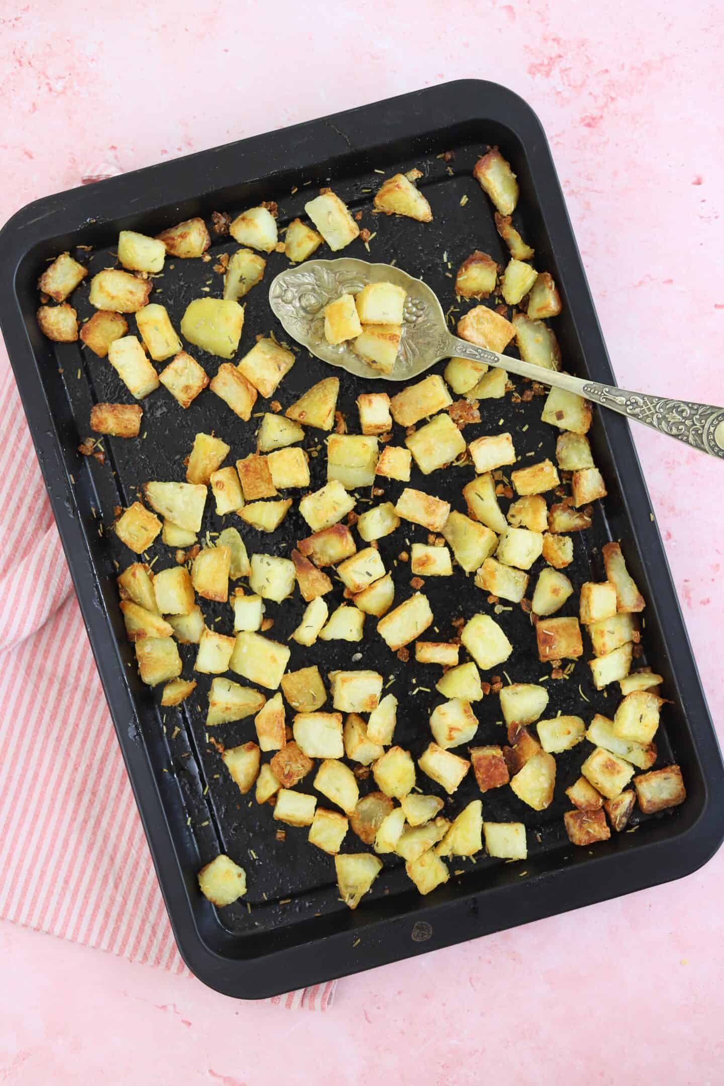 gluten free potatoes cooked on a baking tray