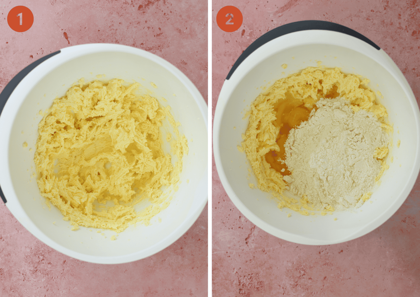 gluten free marble cake step by step photos showing creaming the butter then adding all ingredients.