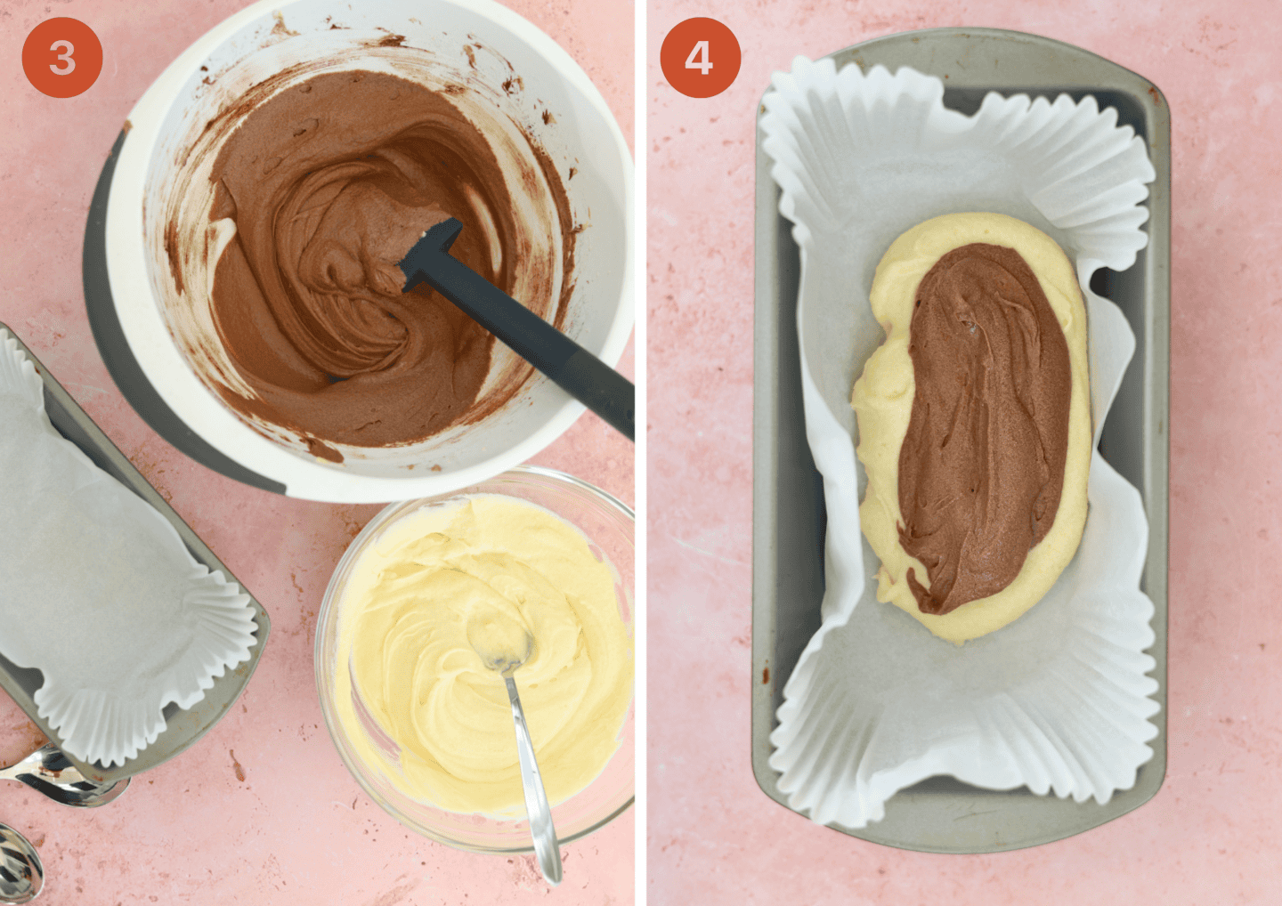 separate the marble cake mixture and add chocolate then marble the cake batter.