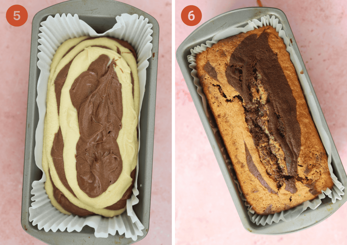 the gluten free marble cake batter before and after baking.