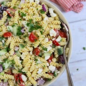 A bowl of Greek pasta salad.