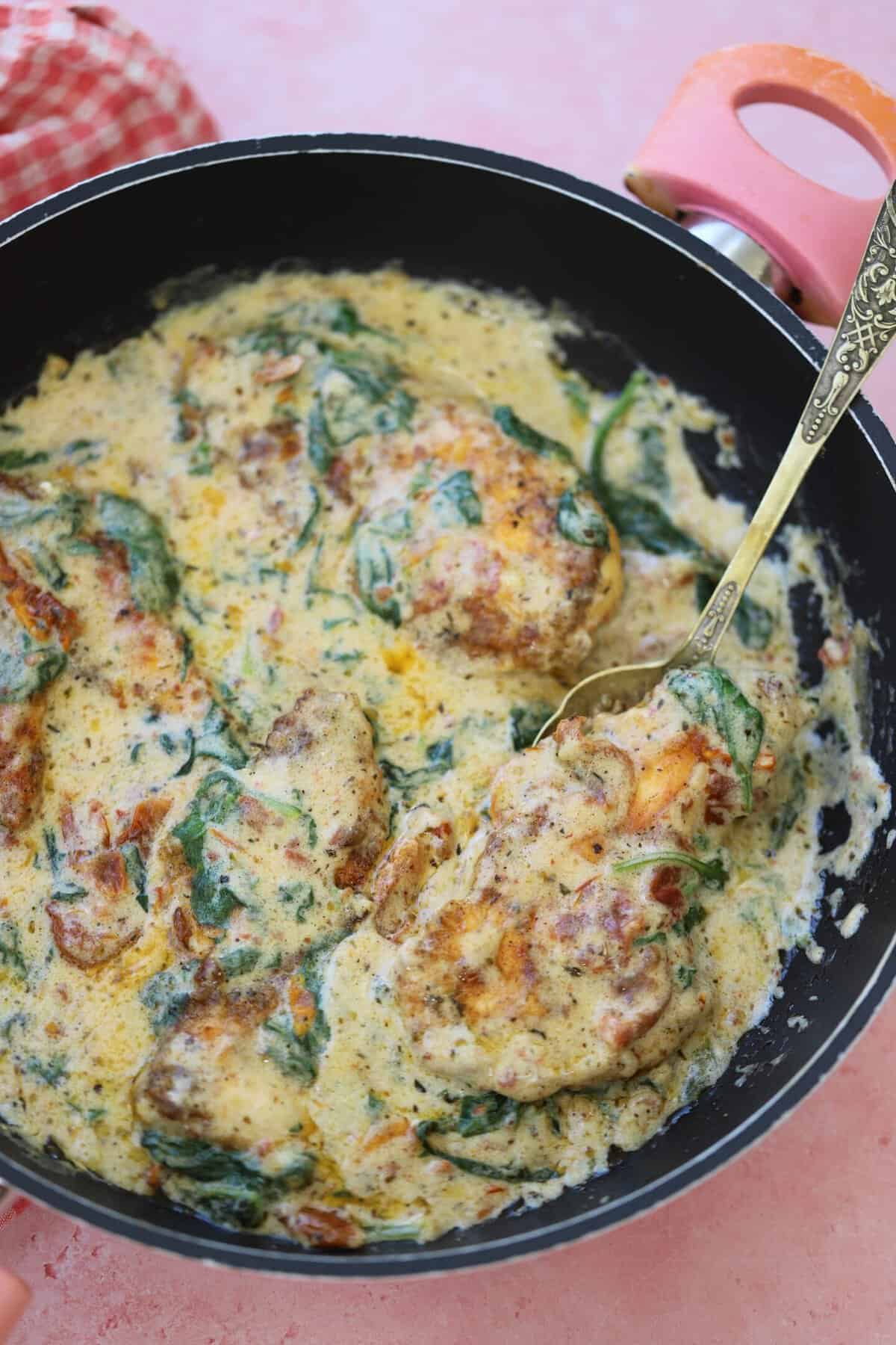 A pan of creamy Tuscan chicken.