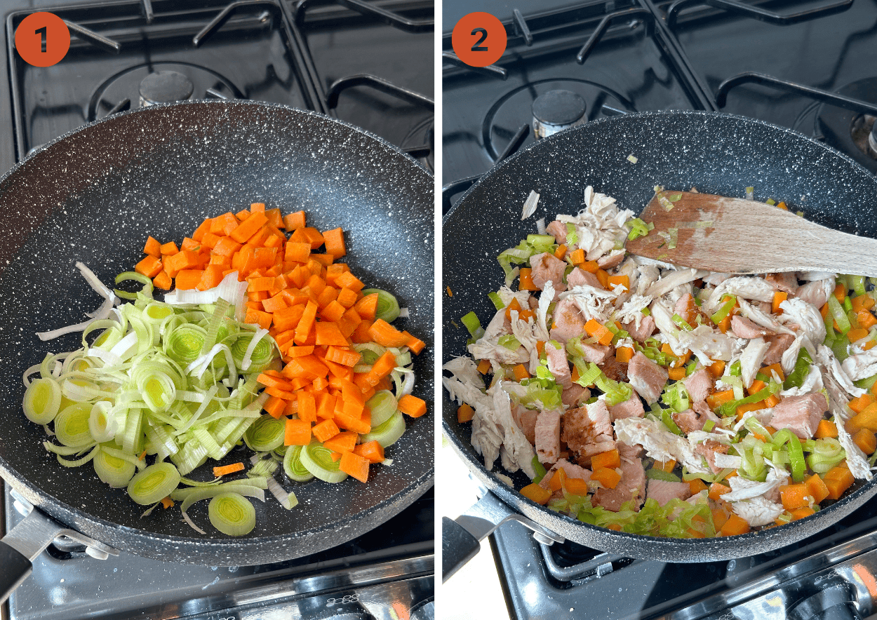 Frying leeks, carrots, onions and chicken and ham to make a pie filling.