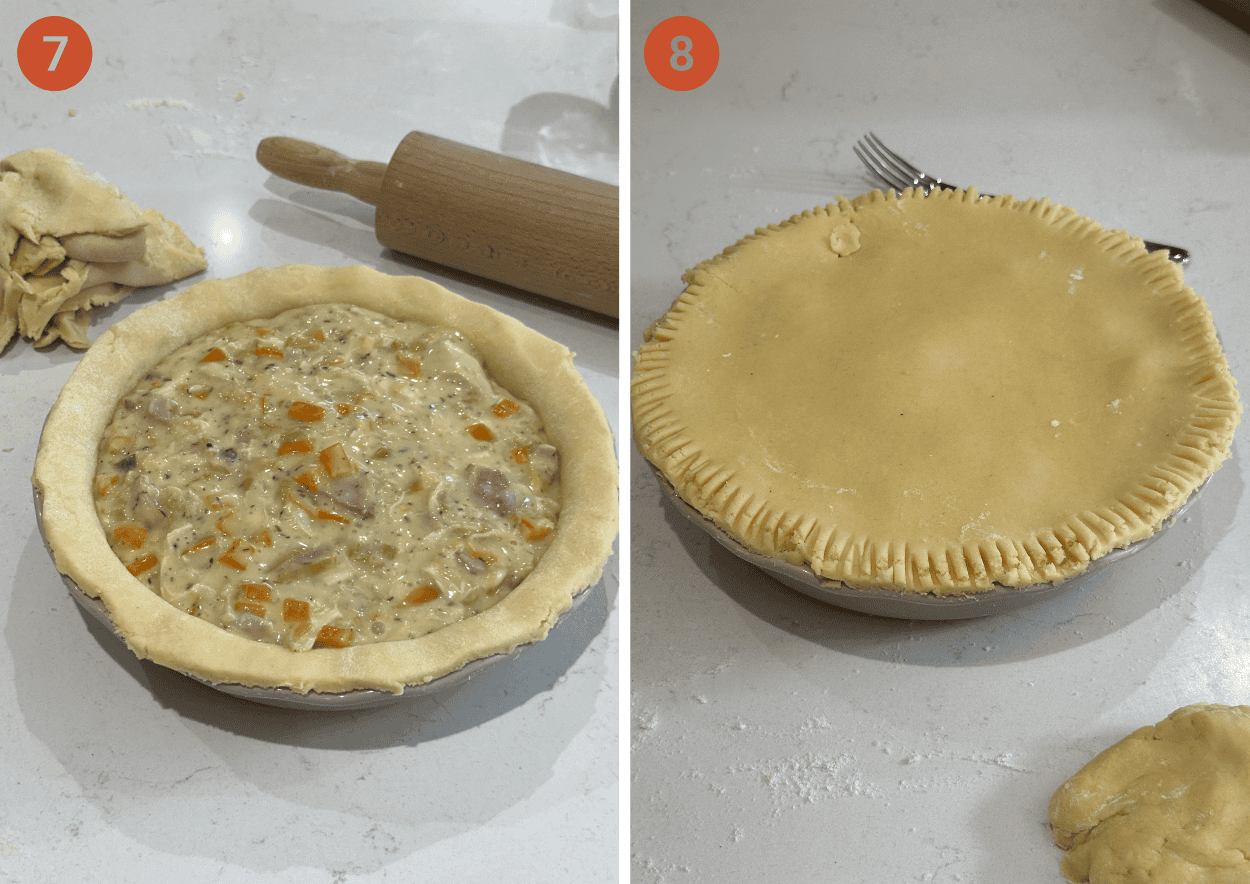 Filling the chicken and ham pie and creating the pastry lid.