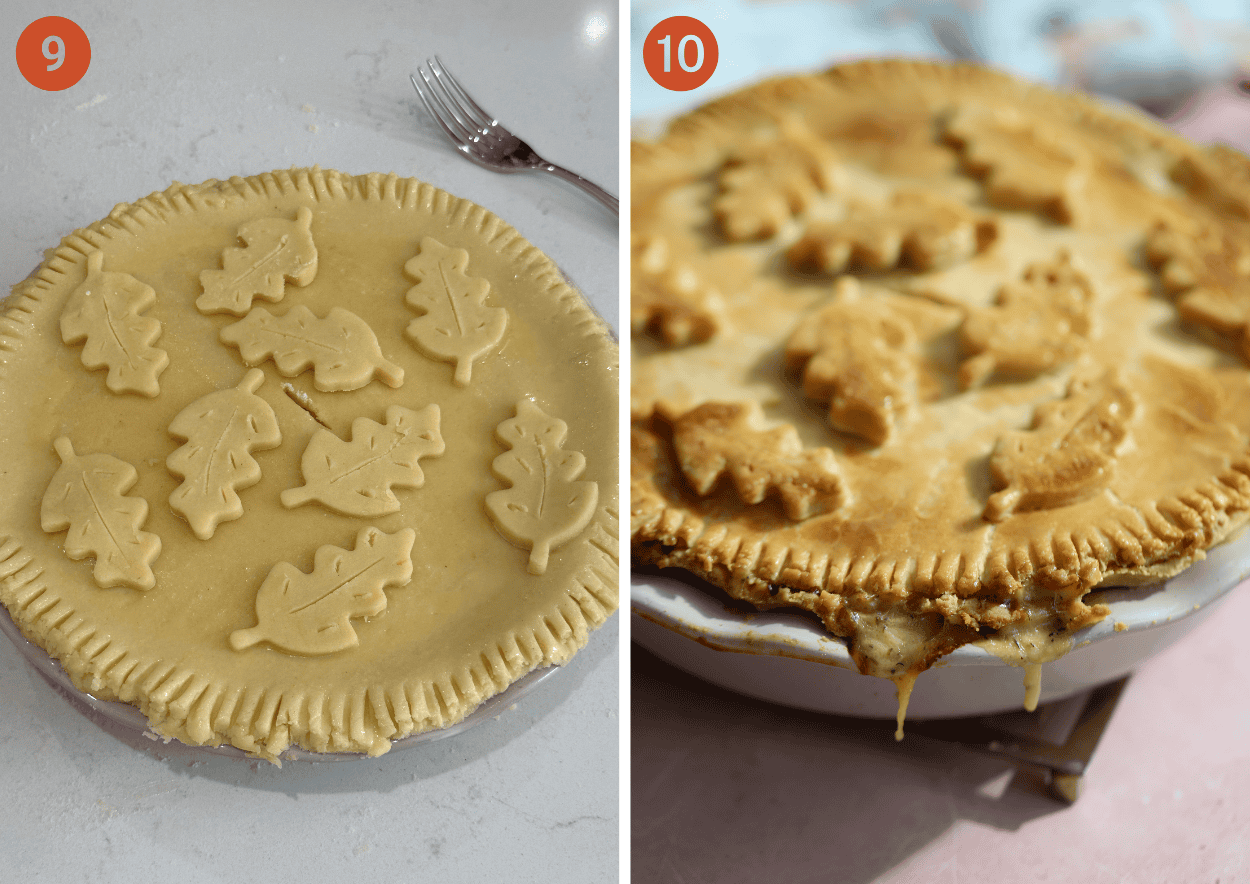 The chicken and ham pie before and after baking.