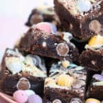 A plate of gluten free mini egg brownies.