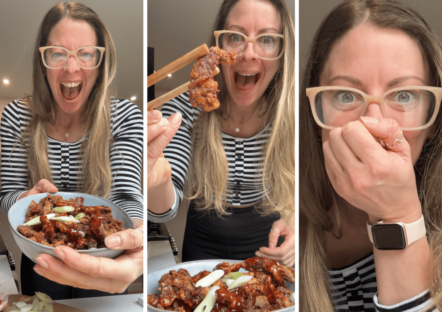 Recipe author Sarah Howells looking very excited trying the air fryer crispy chilli beef she just made.