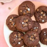 Overhead shot of a plate of almond flour chocolate cookies.