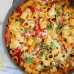 A pan of gluten free creamy chicken fajita pasta.