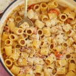 A pan of creamy chicken and chorizo pasta.