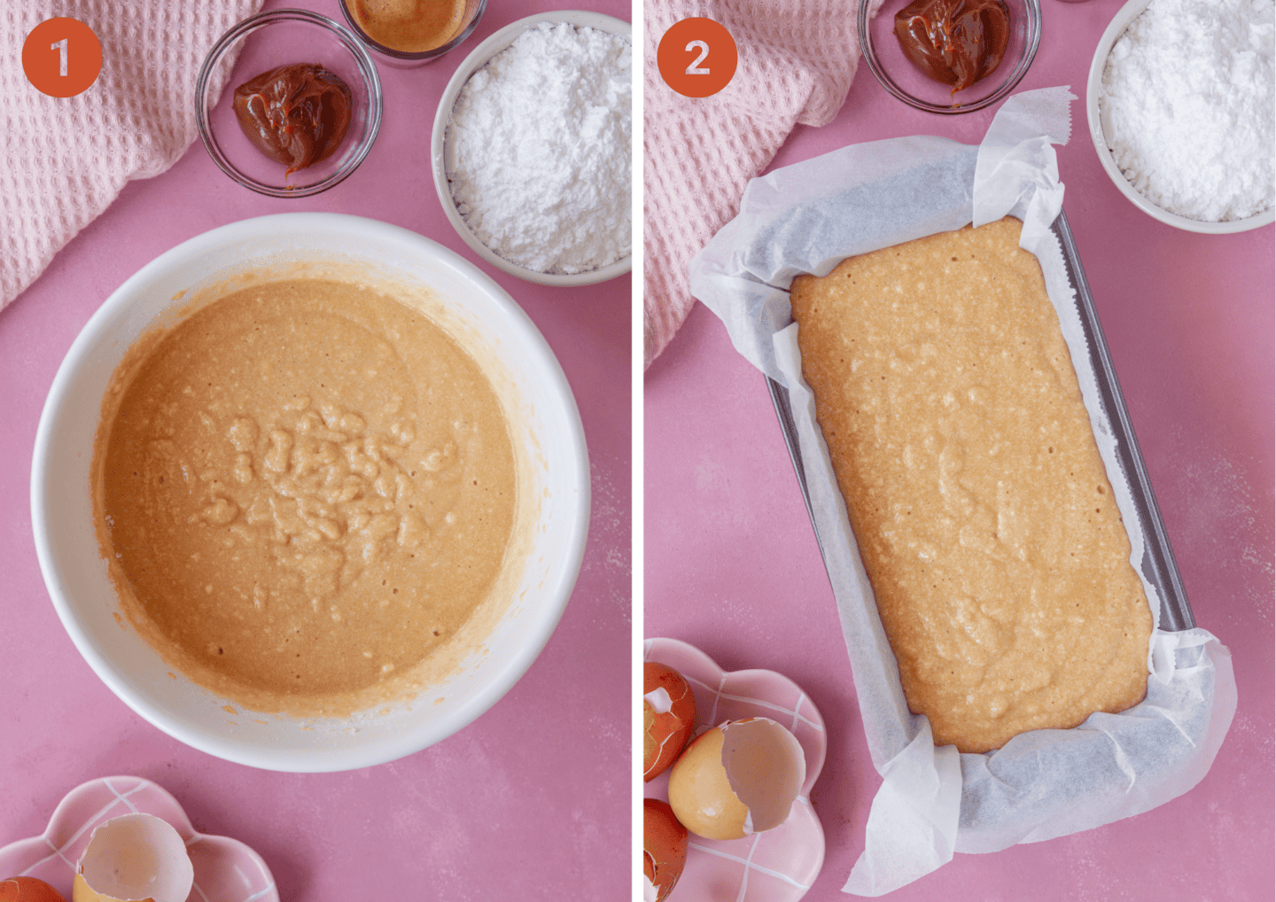 Mixing together the cake batter in a bowl and (right) the cake batter in a lined loaf tin.