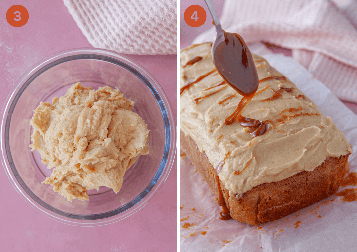 The caramel coffee frosting in a bowl and (right) pouring caramel onto the cake.