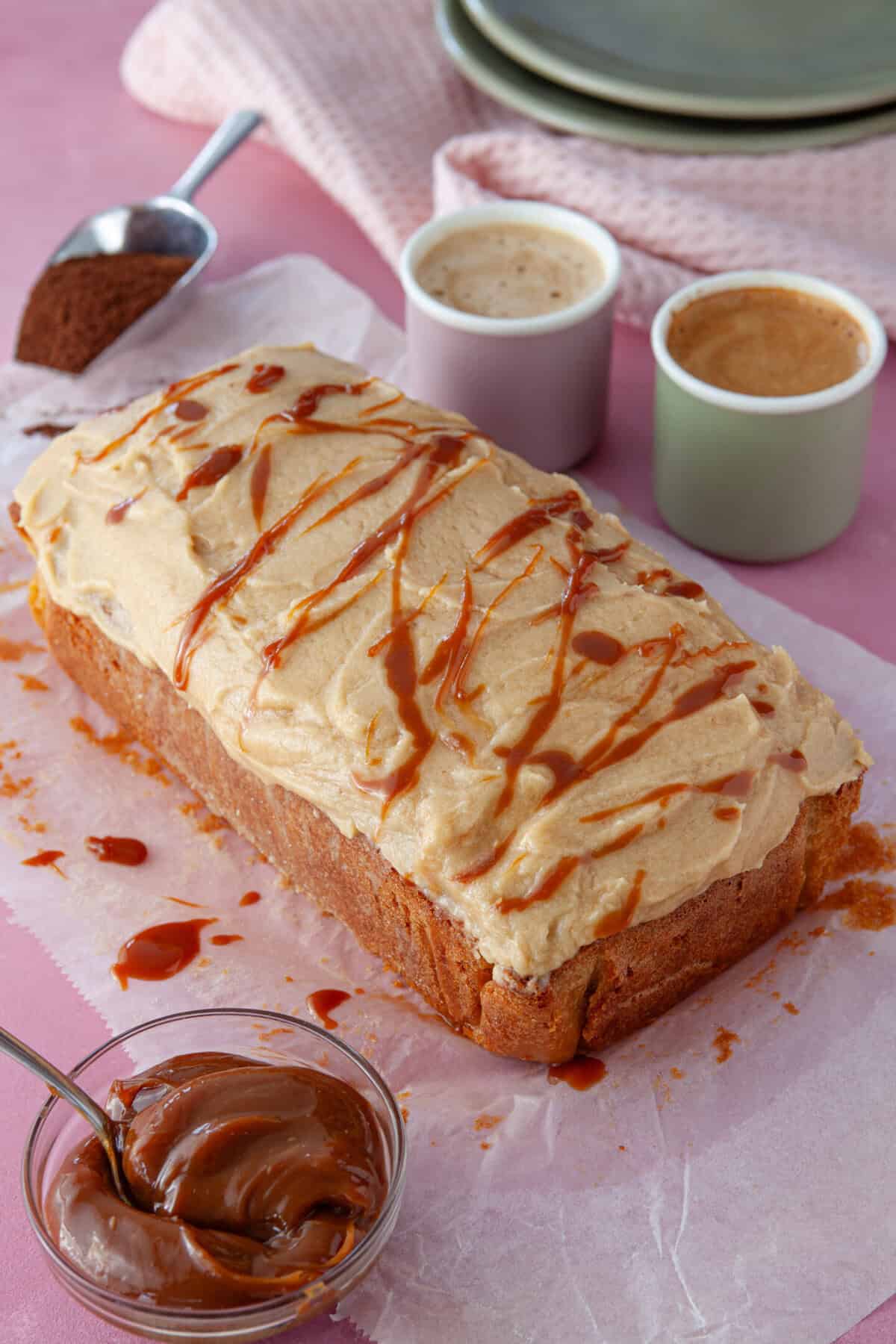 The finished caramel latte loaf cake.