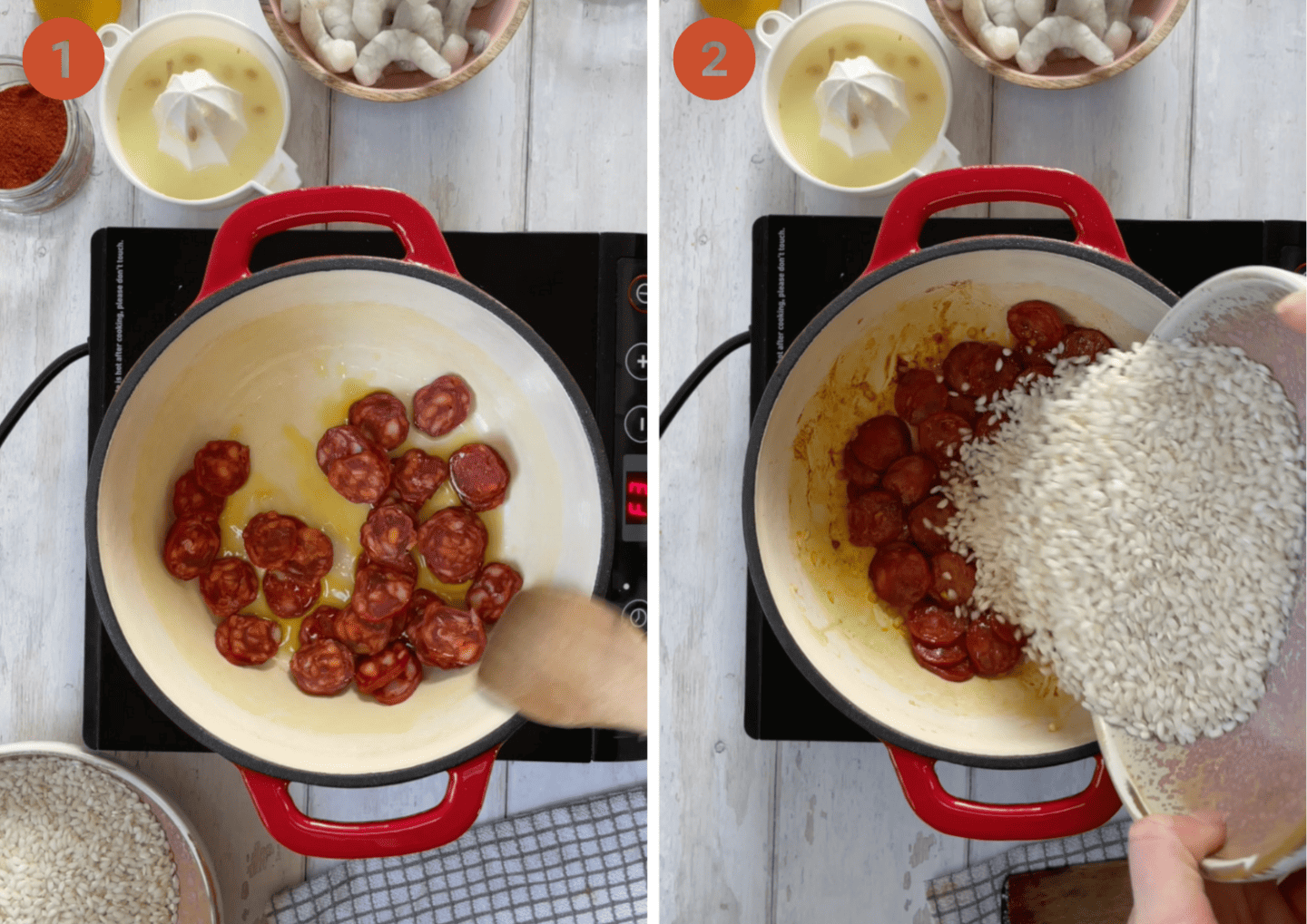 Fry the chorizo in a pan then add rice.