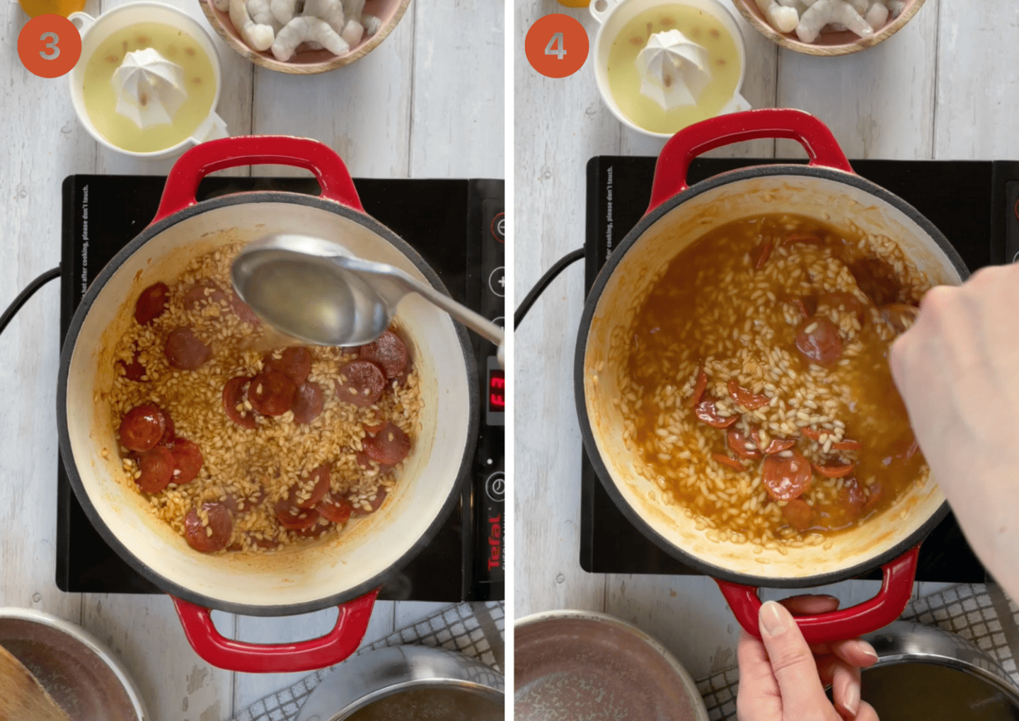 Adding ladles of stock to the risotto and stirring inbetween.
