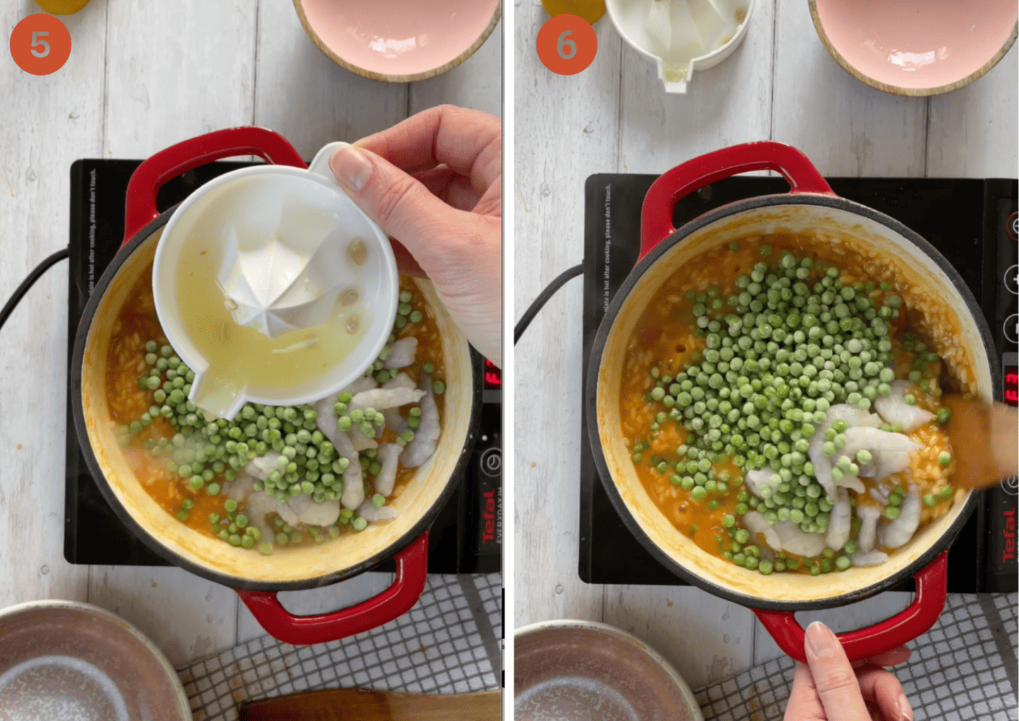 Adding lemon juice, peas and prawns to the risotto.