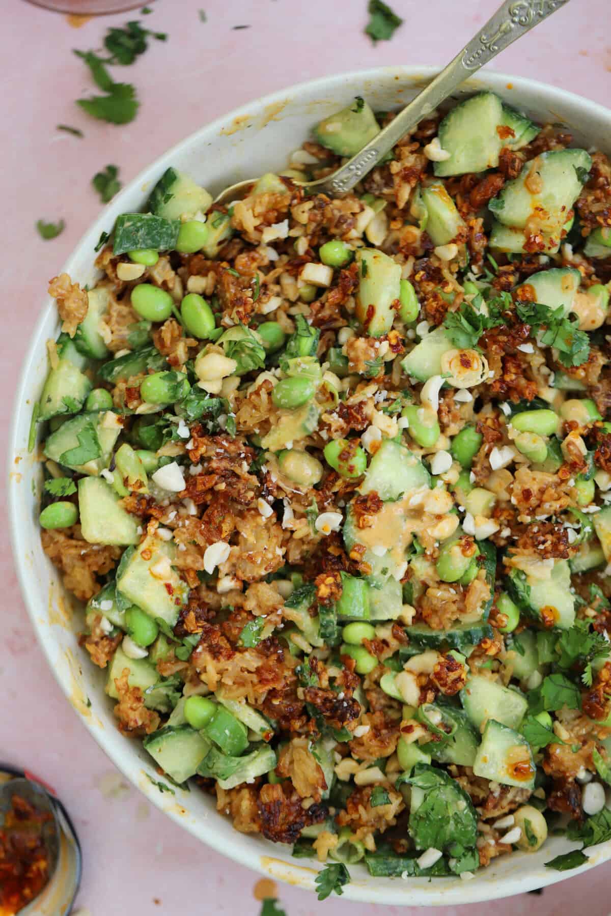 Close up of a bowl of crispy rice salad.