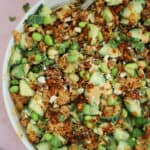 Close up of a bowl of crispy rice salad.