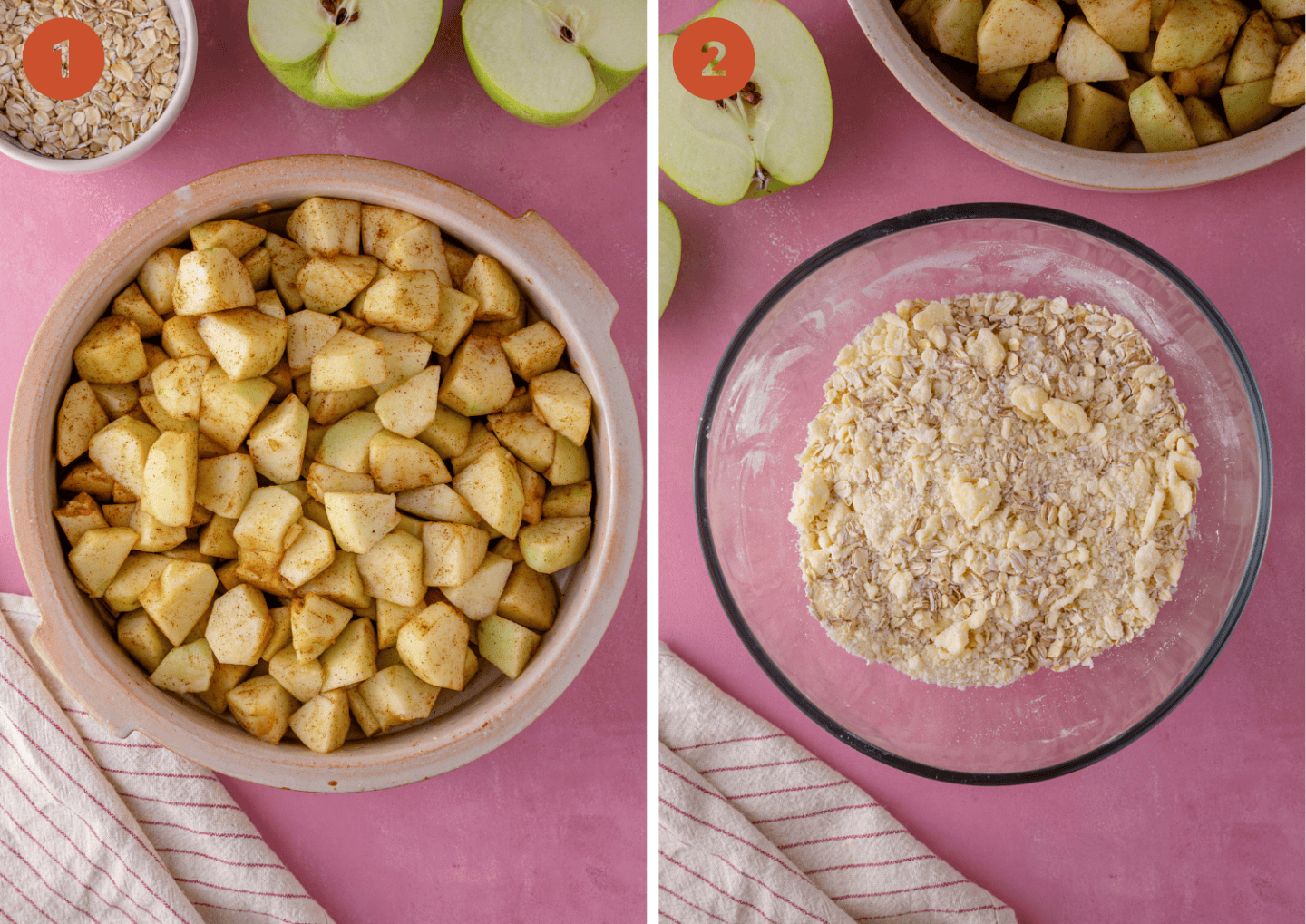 Chopped apples in a pie dish and (right) a bowl of gluten free crumble topping.