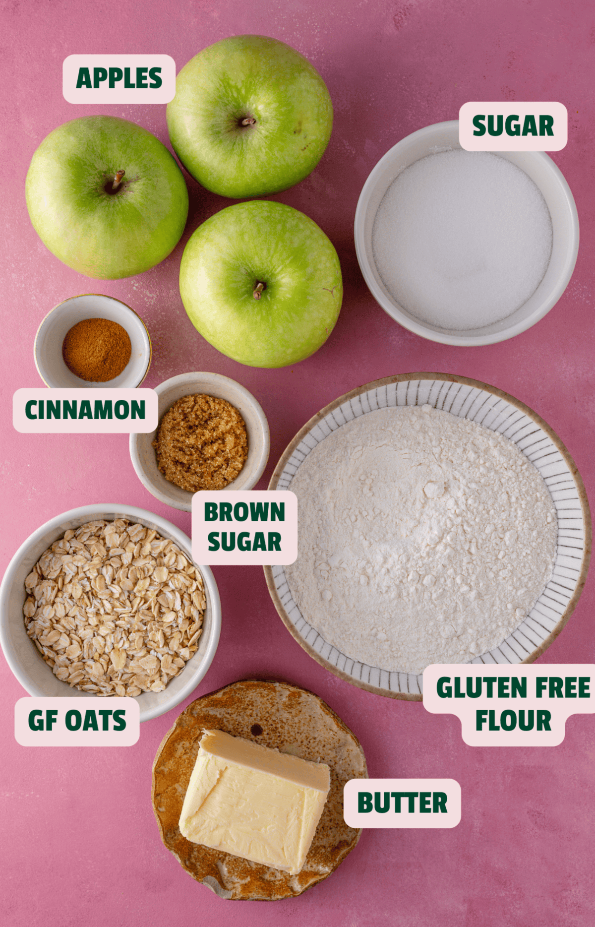 Ingredients for gluten free apple crumble with text labels.